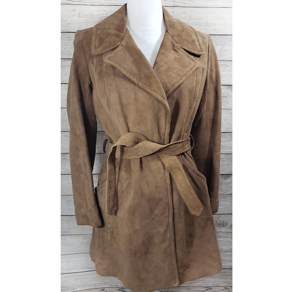 Vintage Brown Suede Leather Trench Coat